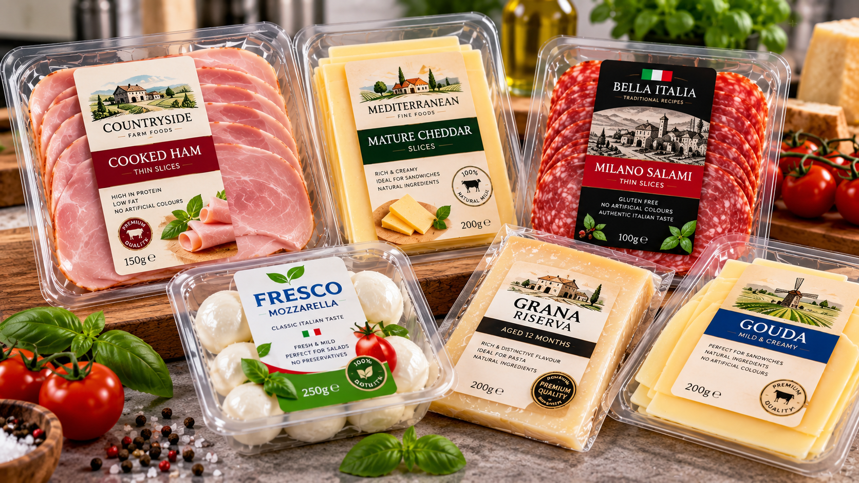 Food packaging labels for cheese, ham and other food products