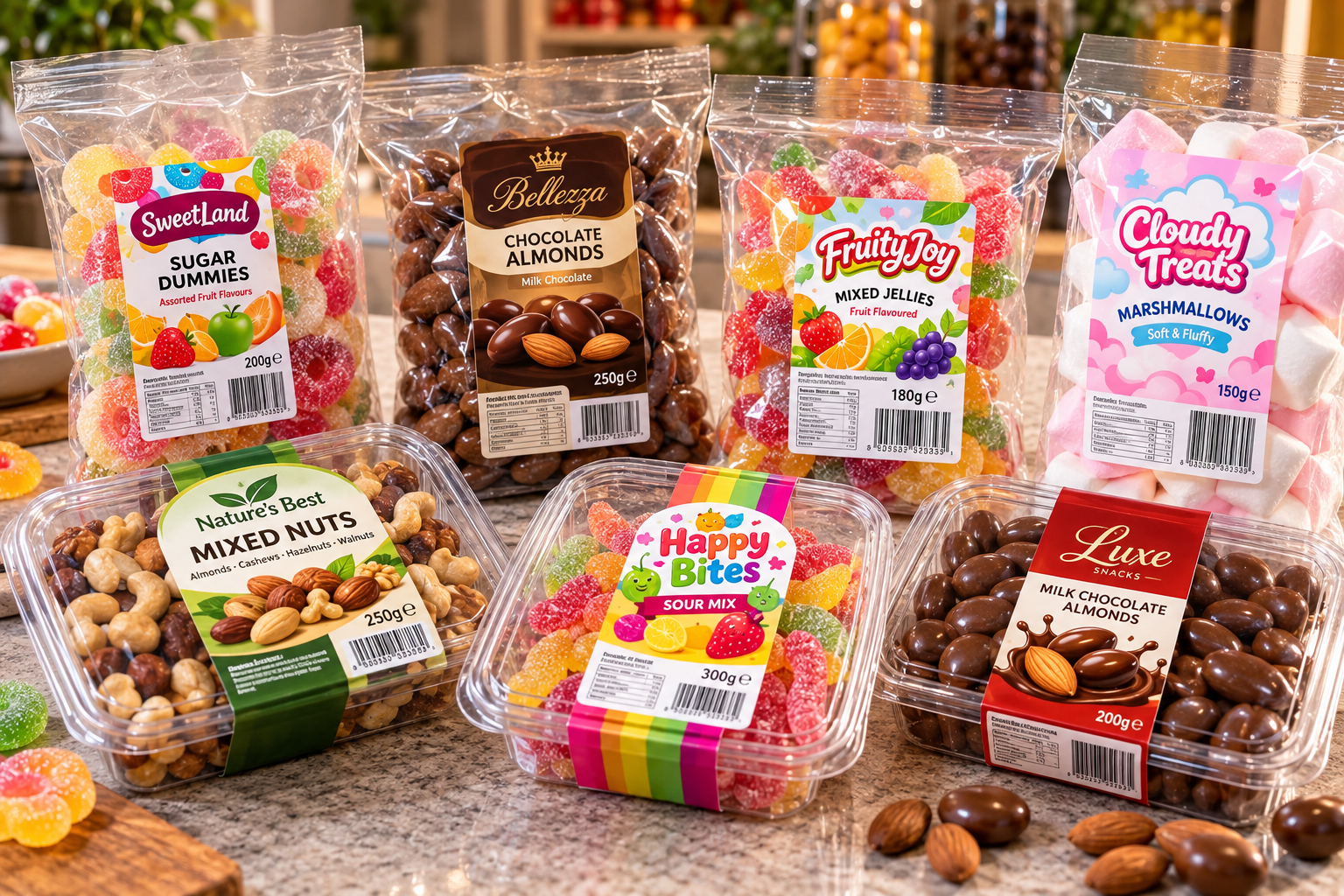 Labels for sweets, confectionery, nuts and snacks